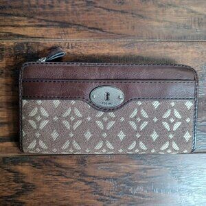 Fossil Wallet Womens Brown Leather Canvas Geometric Zip ID Card Coin